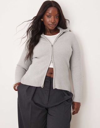 Asos Design Curve Knitted Zip Through Collar Cardigan in Mid Gray