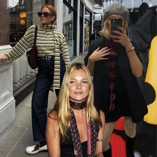 Kate Moss wear skinny scarf, Rebecca and Annie