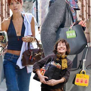 Lily Allen, Jane Birkin and Affiliates Editor Florrie hold their bags with bag charms attached