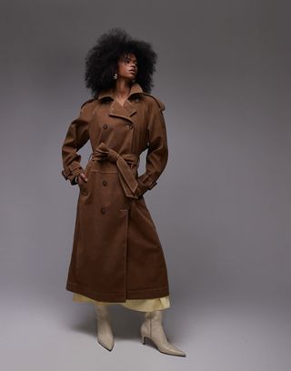 Topshop Longline Oversized Faux Suede Trench Coat in Contrast Stitch Brown