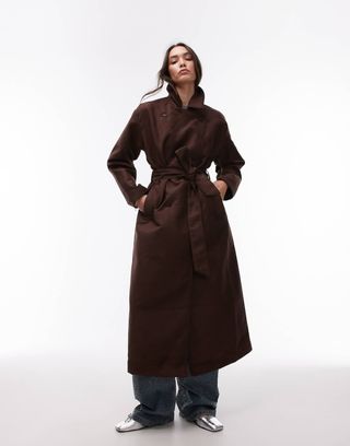 Topshop Faux Suede Oversized Trench Coat in Chocolate Brown