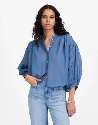 Madewell Shirred Crewneck Button-Up Top