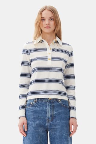 Blue Striped Long Sleeve Polo Shirt