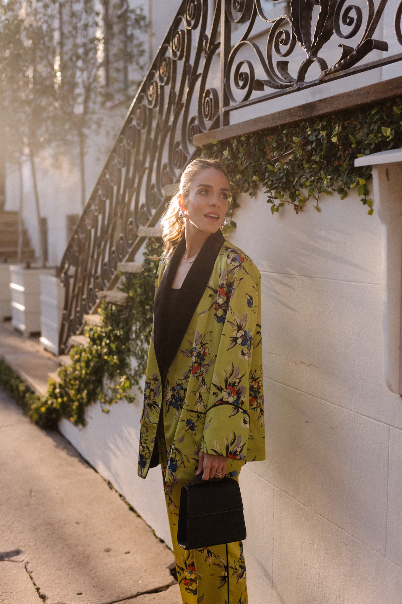 chartreuse floral smoking jacket and pants