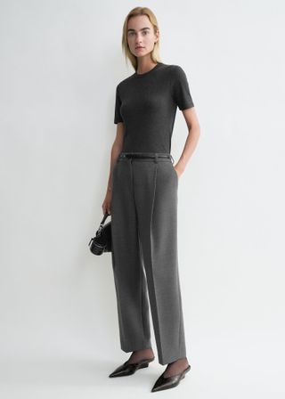 Pleated Straight Trousers Grey Melange