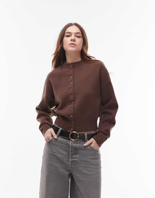 Topshop Knitted Compact Fitted Waist Cardi in Chocolate