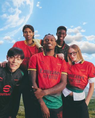 A photo from PUMA's jersey launch with AC Milan and Off-White showing the jerseys worn by various models.