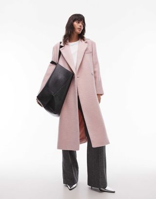 & Other Stories Wool Blend Oversized Midi Length Coat With Asymmetric Button Detail in Pink