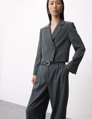 Wool Blend Pinstripe Cropped Blazer