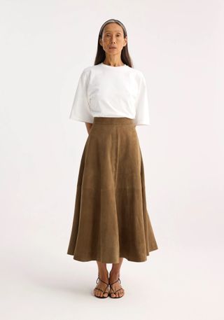 roheframes, voluminous a-line suede skirt