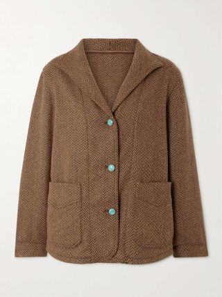 Turquoise-Embellished Herringbone Wool-Blend Tweed Jacket