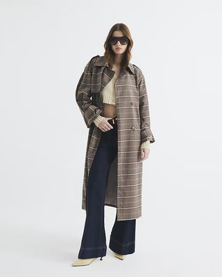 Brown Check Belted Trench Coat