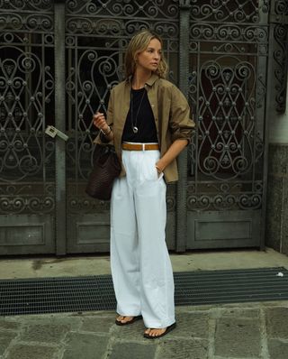 Anouk wearing wide-leg trousers