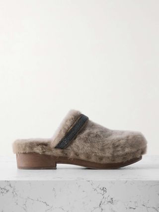 Bead-Embellished Shearling Clogs