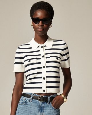 Collared Short-Sleeve Cardigan Sweater in Stripe