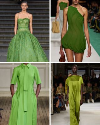 A selection of models wear green outfits on the spring/summer 2025 runways