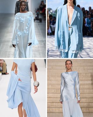 A selection of models wear pale blue outfits on the spring/summer 2025 runways