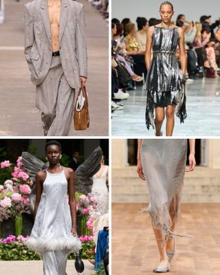 A selection of models wear silver outfits on the spring/summer 2025 runways