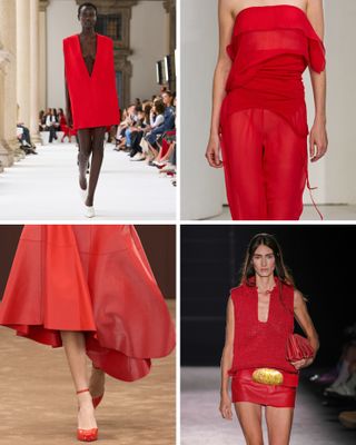 A selection of models wear red outfits on the spring/summer 2025 runways