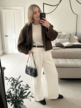 Who What Wear UK's deputy editor, Maxine Eggenberger, wears a pair of Abercrombie's Sloane trousers