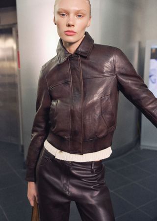 MANGO, Leather Bomber Jacket 