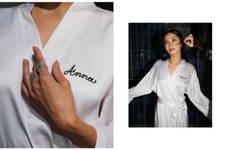 On the left is an a close-up image of Anna Sawai in a white silk robe with her name embroidered on it wearing two Cartier rings. On the right is an image of Anna Sawai getting final makeup touches.