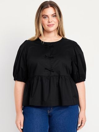 Puff-Sleeve Tie-Front Top