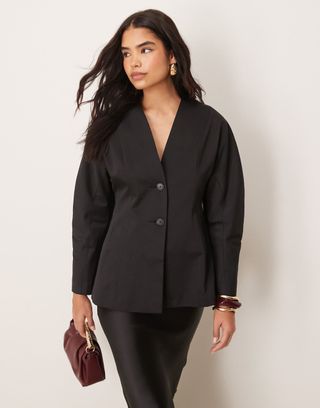 Asos Design Nipped Waist Collarless Blazer in Black