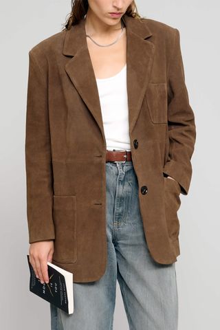 Pixie Market Brown Genuine-Leather Suede Blazer