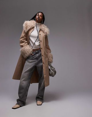 & Other Stories Belted Midi Coat in Dark Beige With Detachable Faux Fur Collar and Cuffs