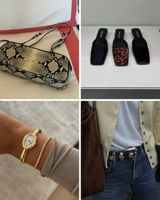 A selection of luxury designer accessories including a Cartier watch, Alaïa bag, Prada satin mules and a Khaite Benny belt