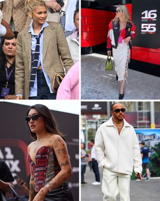 A selection of images showcasing Zendaya at Wimbledon, Lewis Hamilton at the F1, Peggy Gou at the F1 and Who What Wear US editor Eliza Huber at the racing, all in a selection of luxury outfiits