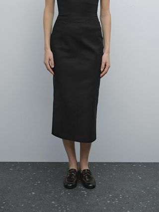 Massimo Dutti, Straight Cotton Blend Midi Skirt