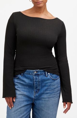 Boat Neck Long Sleeve Rib Top