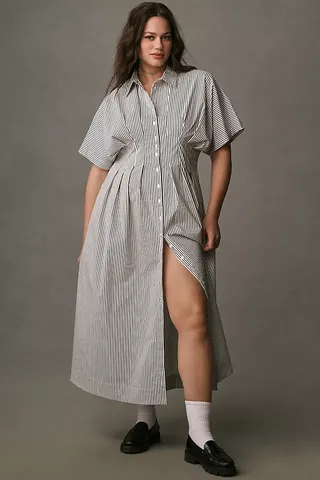 The Tobie Button-Front Pleated Shirt Dress by Exquise