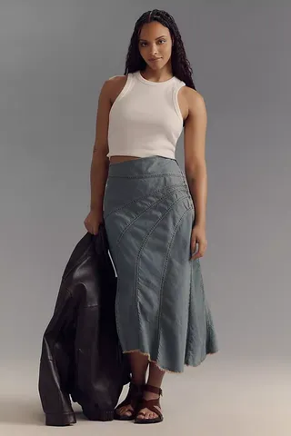 Pilcro Asymmetrical Seamed Denim Midi Skirt