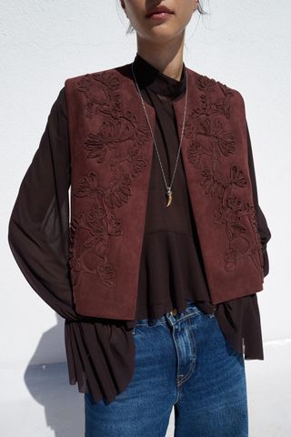 Embroidered Faux Suede Vest