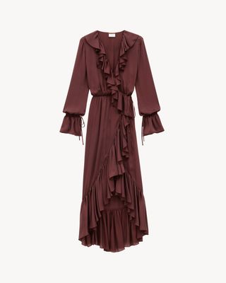 Women's Ruffled Dress in Silk Charmeuse in Bordeaux