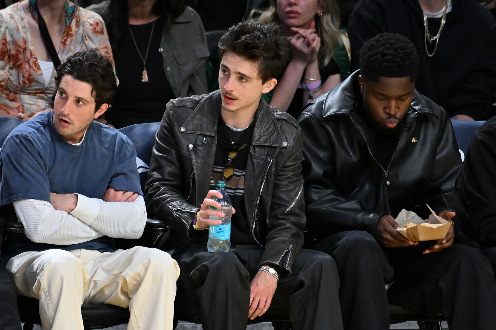 LOS ANGELES CALIFORNIA  FEBRUARY 27 Timothee Chalamet  and Stphane Bak attend a basketball game between the Los Angeles...