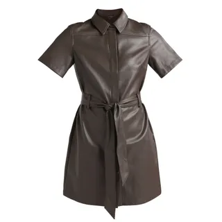 Scoop Faux Leather Collared Mini Shirt Dress 