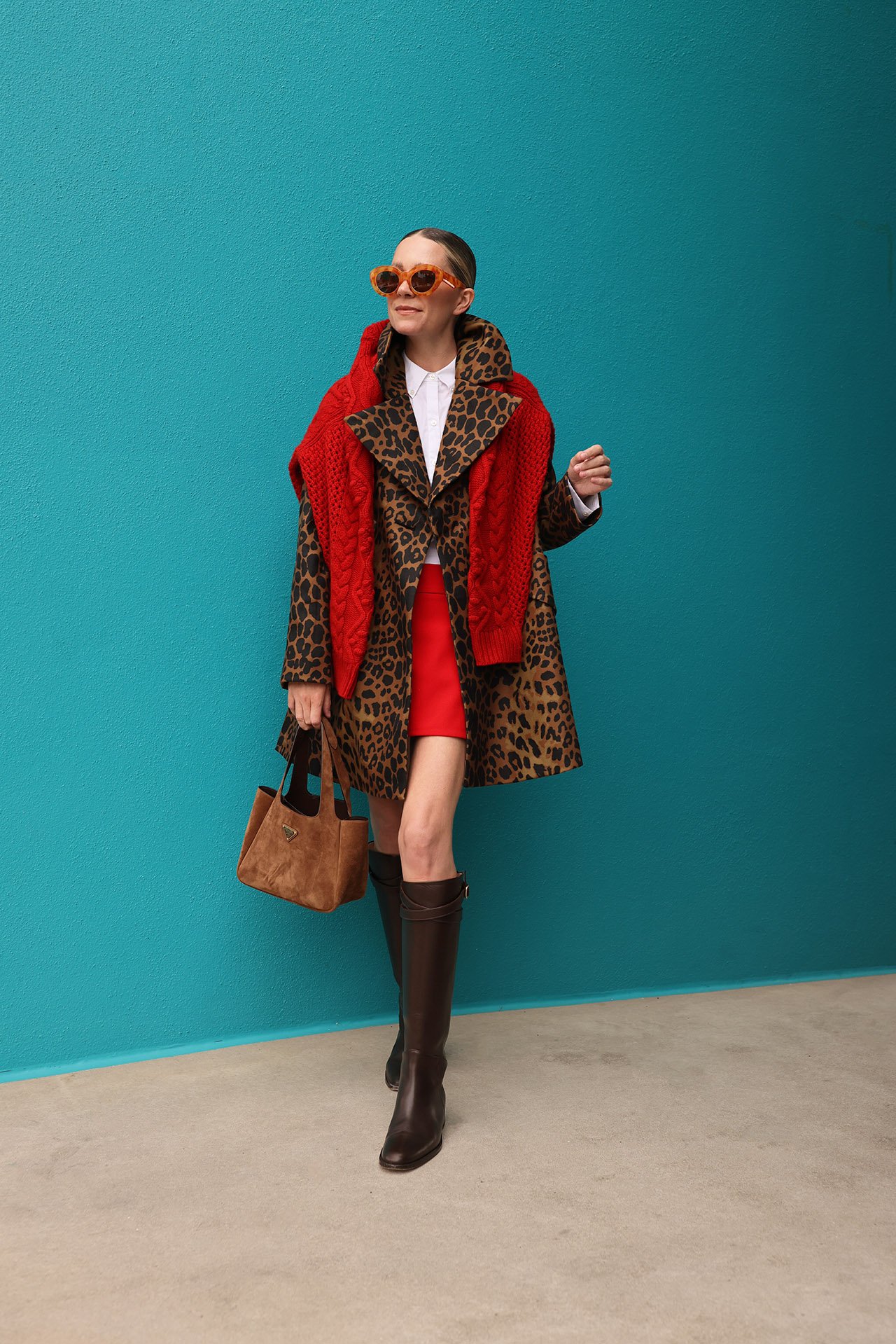 leopard jacket, red mini skirt outfit, prada suede tote, mini skirt and boots