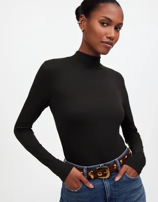 Drapey Rib Long-Sleeve Mockneck Top