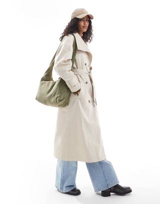 Asos Design Longline Funnel Neck Trench Coat in Stone