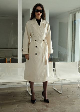 Knitted-Collar Trench Coat