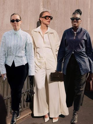 A collage of women wearing button-down shirts.