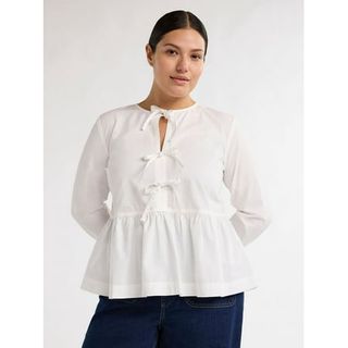 Free Assembly Women’s and Women's Plus Cotton Bow Front Top With Long Sleeves, Sizes Xs-4x