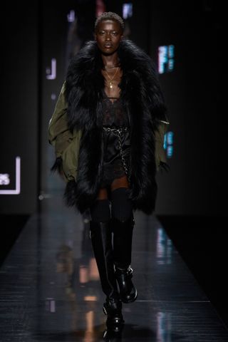 Model wearing shearling at dolce & Gabbana.