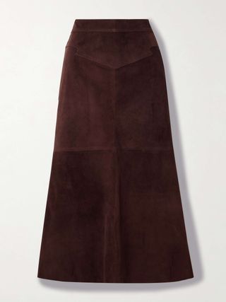 El Buque Crochet-Trimmed Suede Midi Skirt