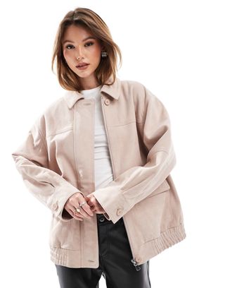 Asos Design Real Suede Oversized Bomber in Dusty Pink