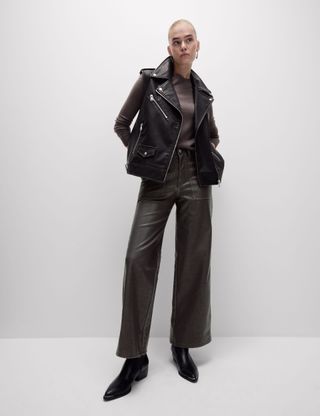 Leather Look Patch Pocket Wide Leg Trousers